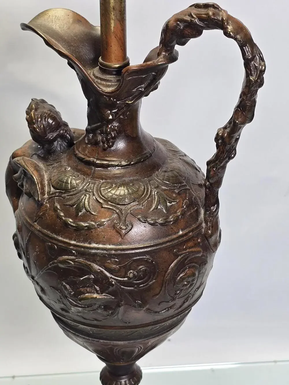 Grand Tour Style Bronze Figural Ewer Lamp Red Marble Base Heavy 29
